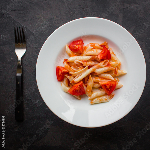 Penne Pasta with Tomato Sauce and Tomatoes. Vegan food.  (dark background). top view. copy space