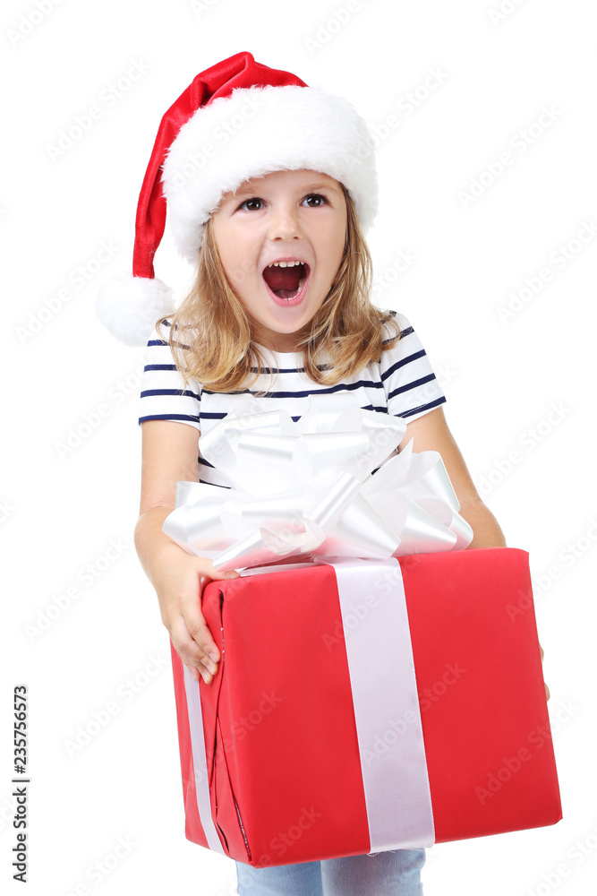 Happy girl holding gift box on white background Happy girl holding gift box on white background