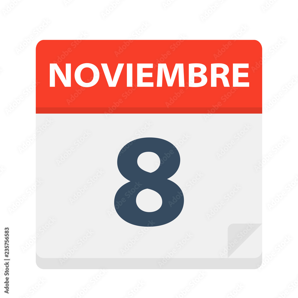 Noviembre 8 - Calendar Icon - November 8. Vector illustration of Spanish Calendar Leaf Noviembre 8 - Calendar Icon - November 8. Vector illustration of Spanish Calendar Leaf