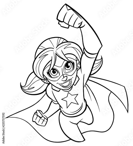 Line art full length cartoon illustration of a powerful and healthy super girl flying while wearing superhero costume against white background for copy space.