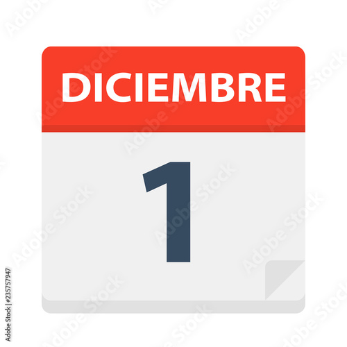 Diciembre 1 - Calendar Icon - December 1. Vector illustration of Spanish Calendar Leaf