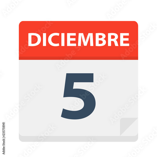 Diciembre 5 - Calendar Icon - December 5. Vector illustration of Spanish Calendar Leaf
