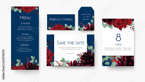 Wedding save the date, menu, label, table number, place card floral design set. Vintage vine Red rose flowers, burgundy dahlias, eucalyptus silver branches & berries decoration on navy blue backgorund