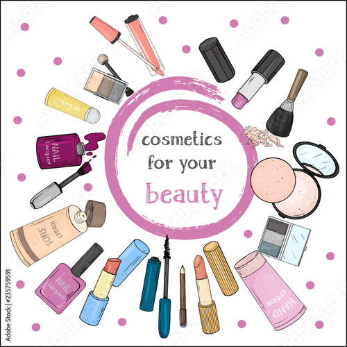 Set with women's cosmetics on a white background. Decorative cosmetics for face and nails. Vector illustration in sketch style. For beauty, fashion magazine, print media, web apps, mobile apps.