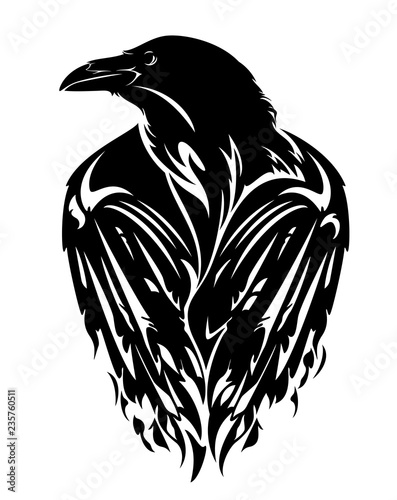 raven bird with closed wings - black and white vector outline