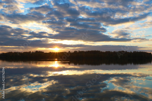 Reflect of lake when sunset with blue sky.