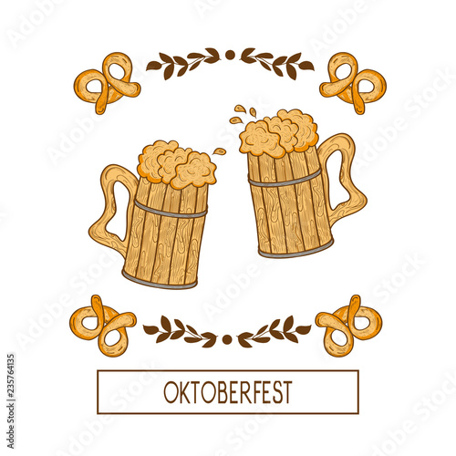 Oktoberfest. A mug of beer, foam, pretzel. Sketch. Logo, emblem. On a white background.