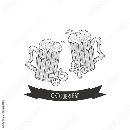 Oktoberfest. A mug of beer, foam, pretzel. Sketch. Logo, emblem. Monochrome. On a white background.
