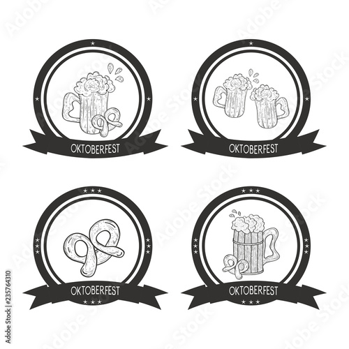 Oktoberfest. A mug of beer, foam, pretzel. Sketch. Logo, emblem. Monochrome. On a white background. Set