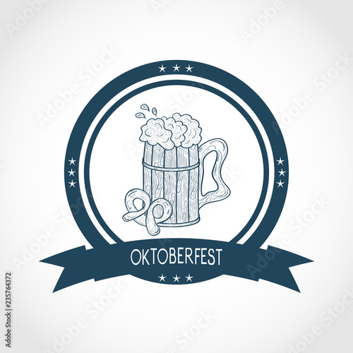 Oktoberfest. A mug of beer, foam, pretzel. Sketch. Logo, emblem. Monochrome. Blue