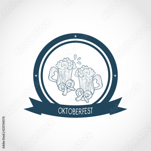 Oktoberfest. A mug of beer, foam, pretzel. Sketch. Logo, emblem. Blue