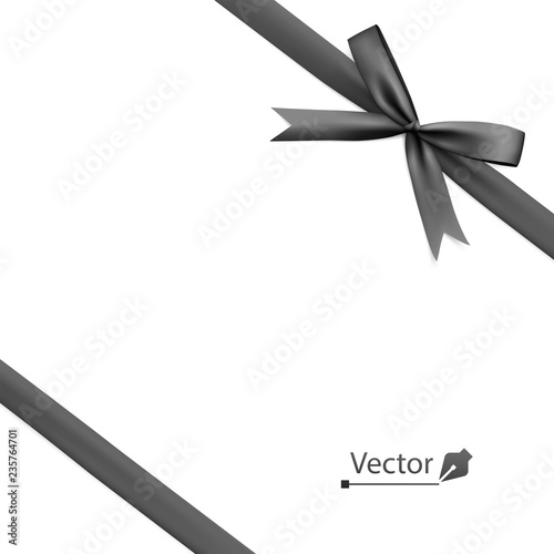 Black bow with diagonally ribbon on the corner. Vector tie.