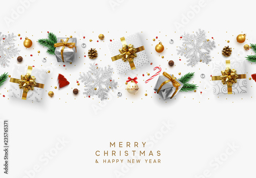 Christmas composition with decorative elements of design. Holiday decoration the border of realistic objects. Xmas greeting card, golden text Merry Christmas and Happy New Year. Vector illustration