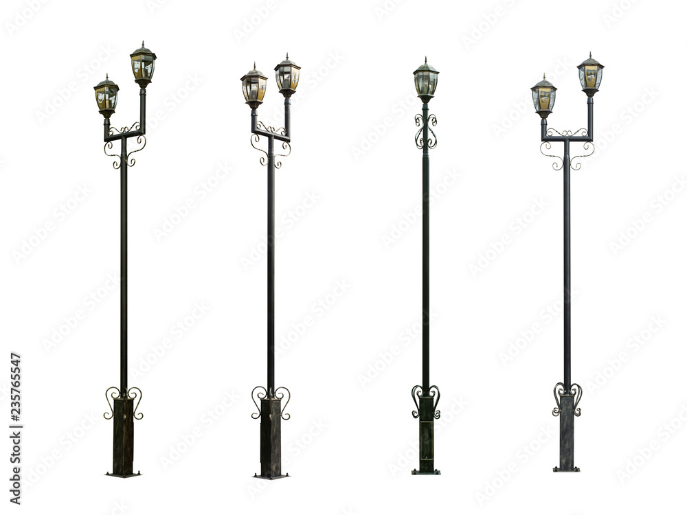 Set of street lamps on white background. Lamp post collection. Street lampost set. Streetlight collection