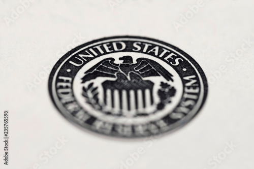 Close-up of United States Federal Reserve System symbol. United States Federal Reserve System symbol