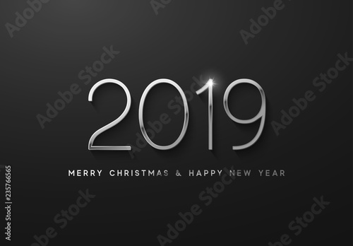 New Year 2019 the silver font numbers. Elegant white label. photo