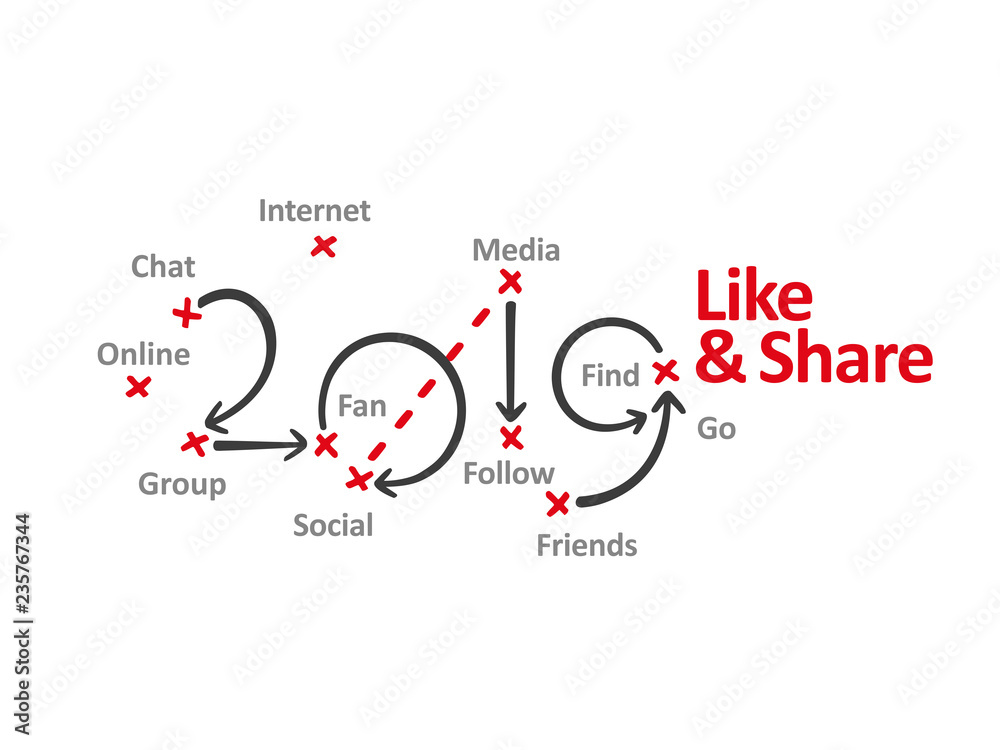 Like and Share New Year 2019 word cloud red marks white background vector Like and Share New Year 2019 word cloud red marks white background vector