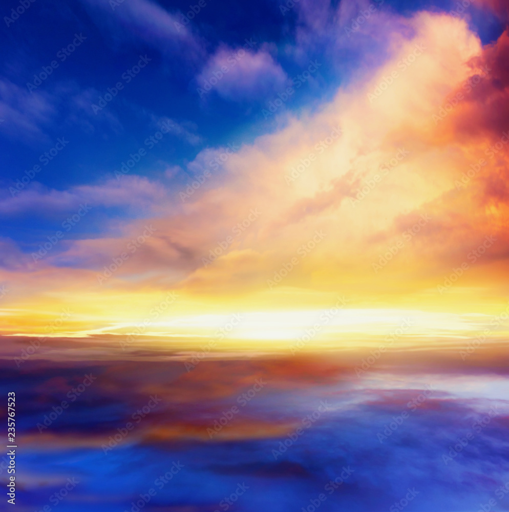 Dramatic nature background . The sun above the horizon . Abstract big explosion . Light from sky . Religion background . Light from the sun shining through the clouds in the sky . 