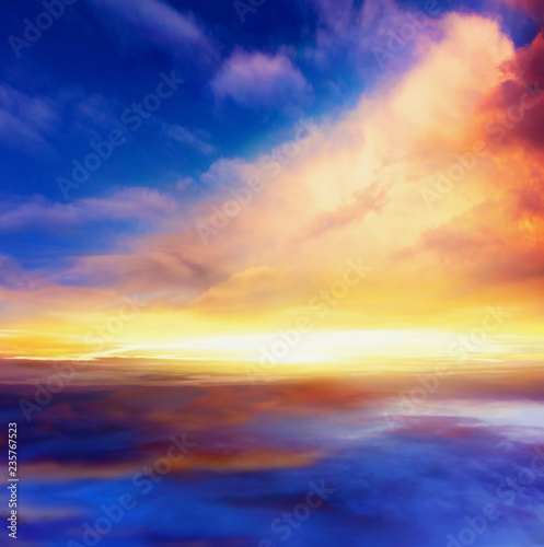 Dramatic nature background . The sun above the horizon . Abstract big explosion . Light from sky . Religion background . Light from the sun shining through the clouds in the sky . 