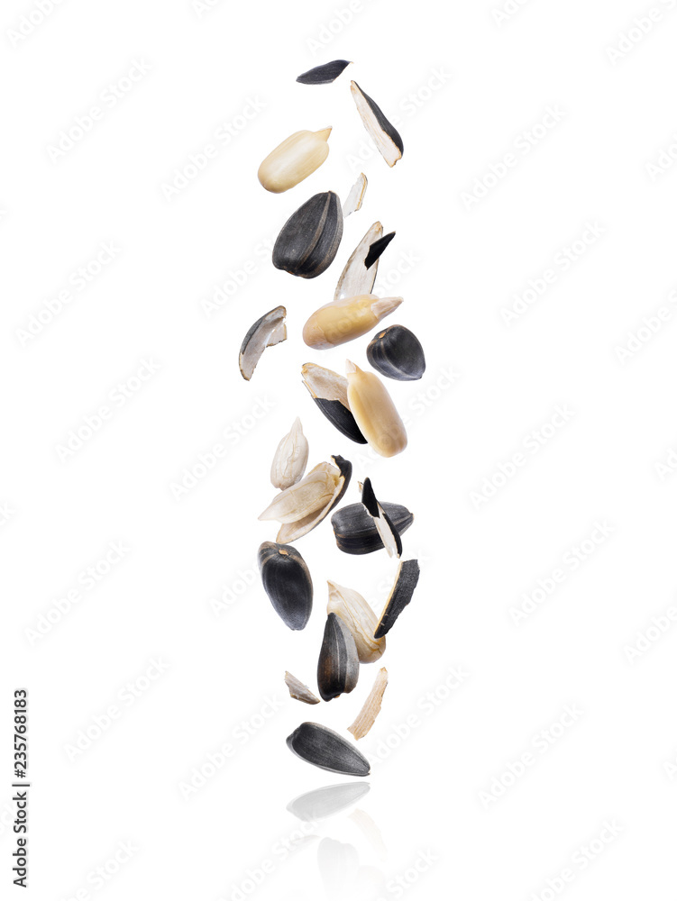 Cracked sunflower seed fall down isolated on white background Cracked sunflower seed fall down isolated on white background