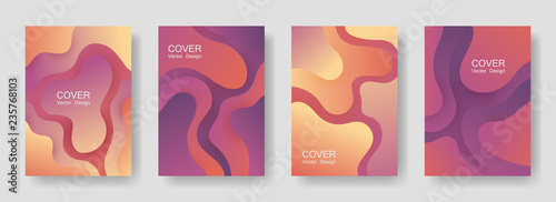 Gradient fluid shapes abstract covers vector set. Advertising poster backgrounds design. Flux paper cut effect blob elements pattern, fluid wavy shapes texture print. Cover pages.