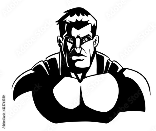Comics style line art llustration of the portrait of powerful superhero looking at camera with tough facial expression on black background.