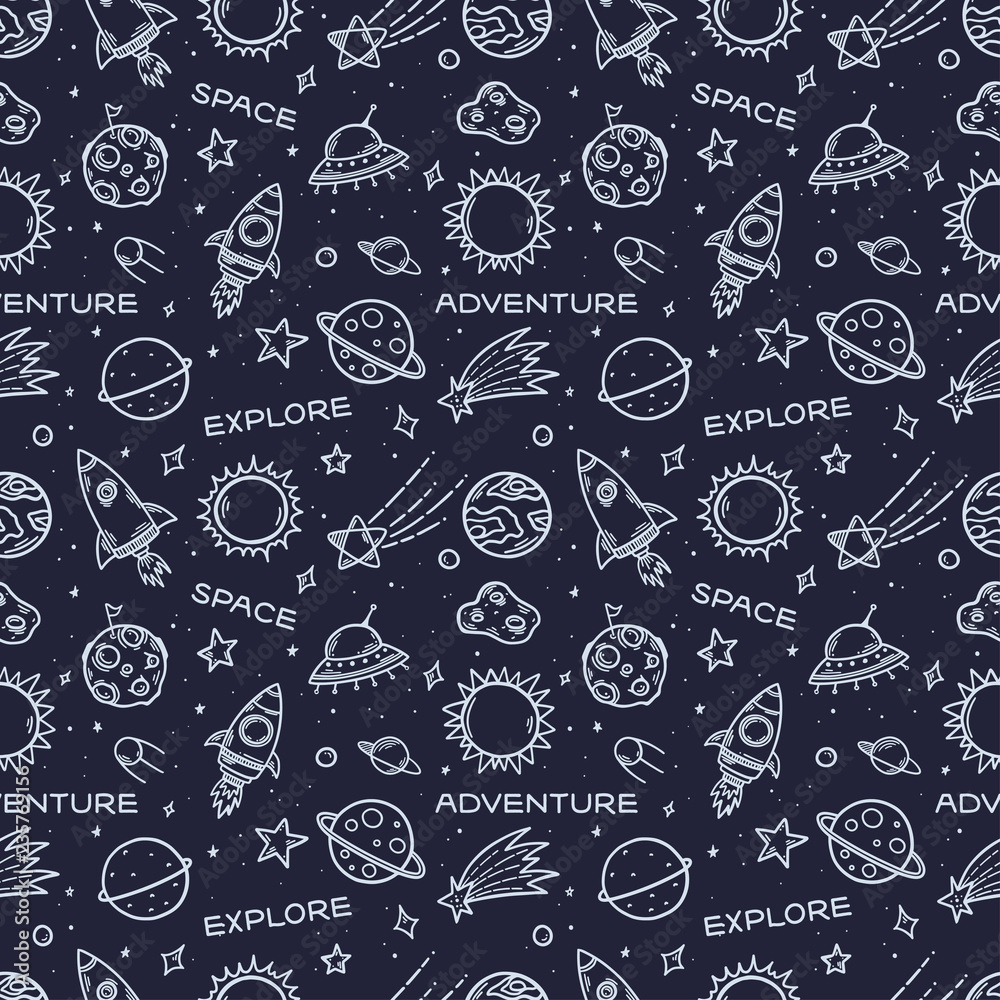 Space elements hand drawn seamless pattern. Vector illustration. Space elements hand drawn seamless pattern. Vector illustration.