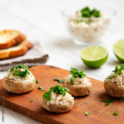 Mushroom and chicken puree with lime and toasts, side view. Close-up. Selective focus.