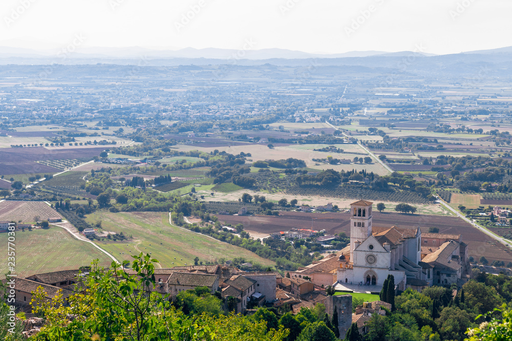Panoramic view of the Cathedral of Saint Francis from Assisi (Basilica San Francesco di Assisi) Umbria, Italy