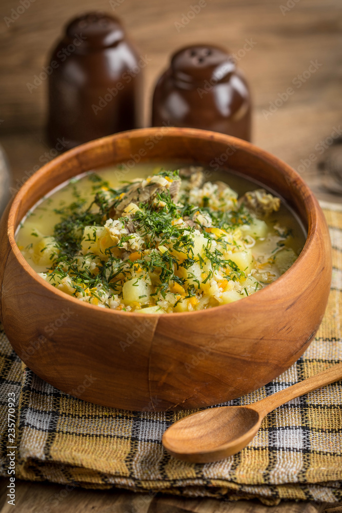 Soup with barley and chicken gizzards. Soup with barley and chicken gizzards.