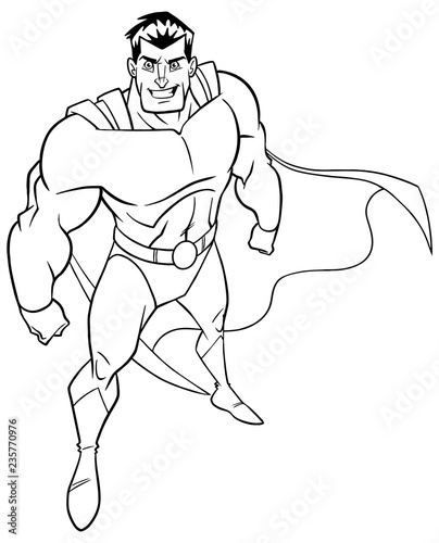 High-angle line art illustration of powerful and determined man wearing superhero costume during courageous intervention against white background for copy space.