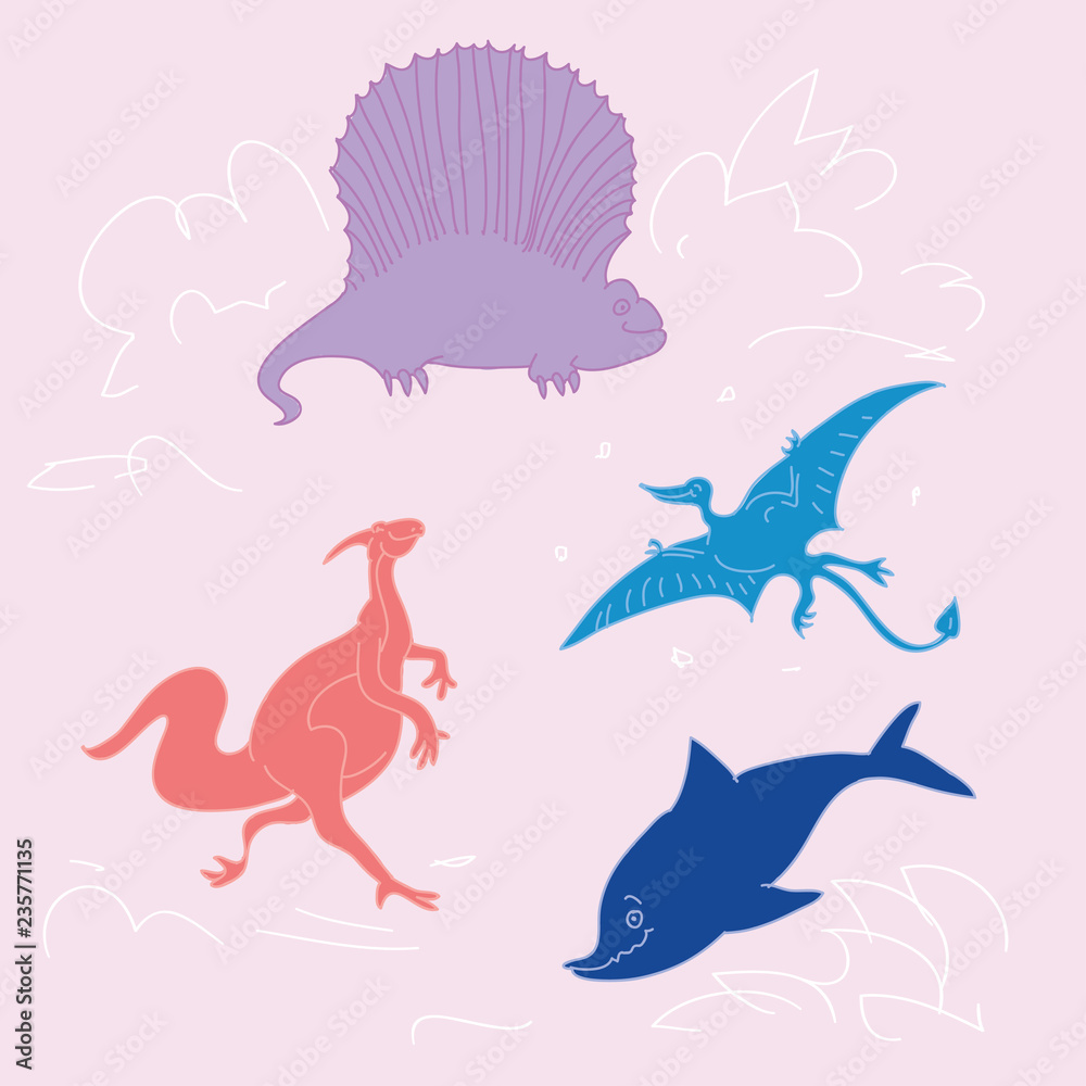 Fototapeta premium Funny doodle dino illustrations. Dino characters vector set. Dinosaurus illustrations with inscriptions isolated on background. Illustration elements for kids, girls, boys, fashion clothes 