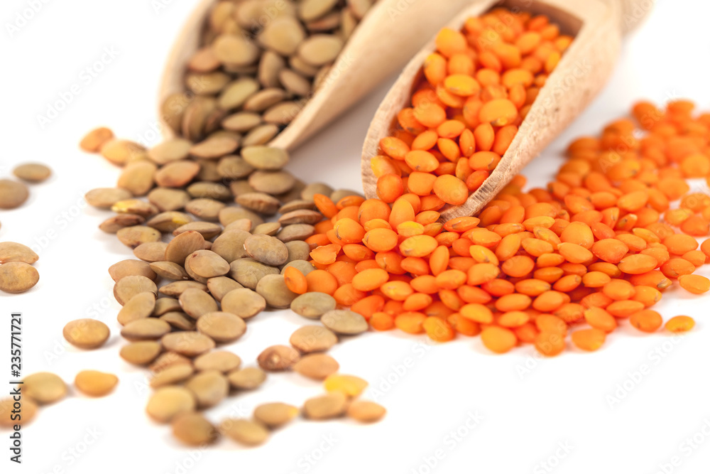 dry brown and yellow lentils on wooden spoon isolated on a white background dry brown and yellow lentils on wooden spoon isolated on a white background