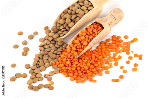 dry brown and yellow lentils on wooden spoon isolated on a white background