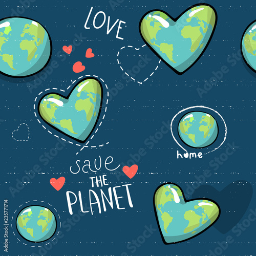 heart shaped earth. Cartoon globe. web icons green happy nature character. love ecology earth planet world map seamless pattern vector illustration. save the planet. motivational inscription