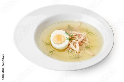 single bowl of chicken soup isolated on white background