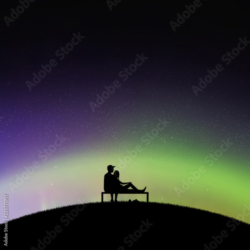 Lovers sitting on bench in park at night. Vector illustration with silhouette of loving couple. Northern lights in starry sky. Colorful aurora borealis