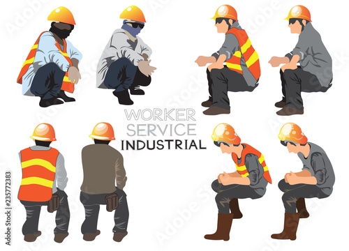 Worker service industrial construction cartoon vector character acting sitting design art illustration set