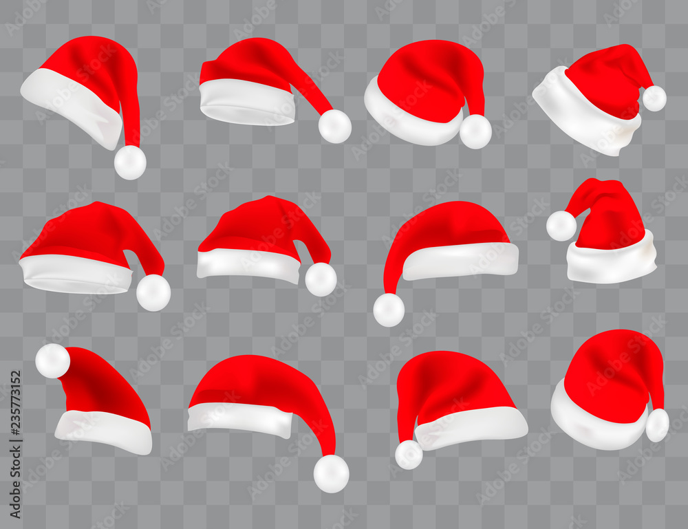 Big set of realistic Santa Hats isolated on transparent background. Vector santa claus hat colllection, holiday cap to xmas illustration Big set of realistic Santa Hats isolated on transparent background. Vector santa claus hat colllection, holiday cap to xmas illustration