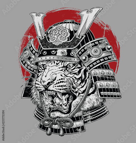 Fototapeta Naklejka Na Ścianę i Meble -  Hand drawn highly detailed Japanese tiger samurai vector illustration on grey ground