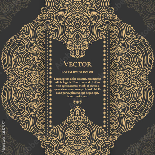 Gold vintage greeting card on a black background. Luxury vector ornament template. Mandala. Great for invitation, flyer, menu, brochure, postcard, wallpaper, decoration, or any desired idea.