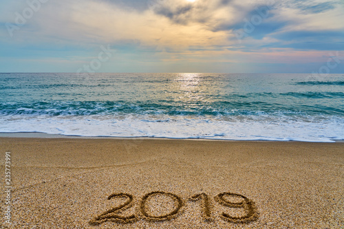  New Year 2019 is coming concept - inscription 2019 on a tropical sandy beach with waves and foam on a backgroung.
