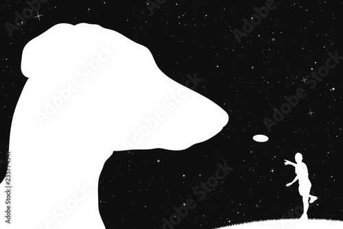 Playing frisbee with dog in park at night. Vector illustration with silhouettes of dachshund and man with plate under starry sky. Inverted black and white
