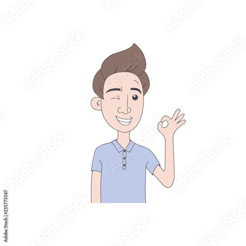 Man showing OK gesture. A young man smiles with giving Okay sign. Hand drawn illustration in cartoon style. Vector.