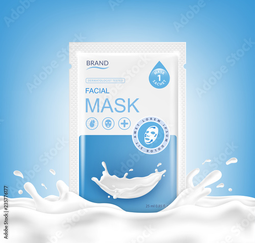 Facial sheet mask sachet package and abstract splashes. Vector realistic illustration isolated on blue background. Beauty product packaging design templates.