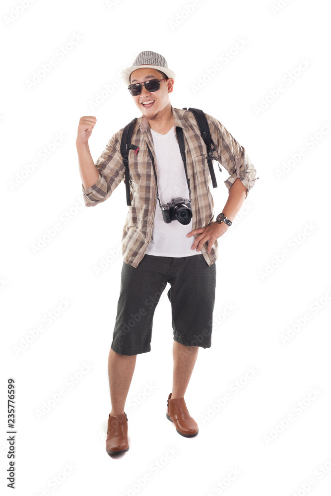 Traveling People Isolated on White. Male Backpacker Tourist Showing Something Behind Traveling People Isolated on White. Male Backpacker Tourist Showing Something Behind