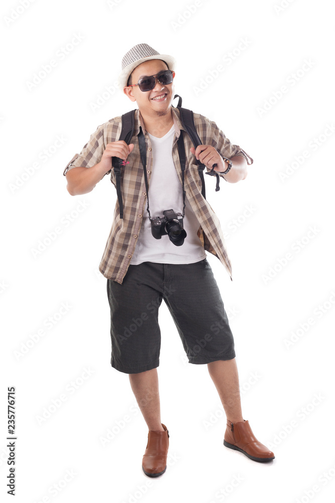 Traveling People Isolated on White. Male Backpacker Tourist, Smiling Happy Gesture Traveling People Isolated on White. Male Backpacker Tourist, Smiling Happy Gesture