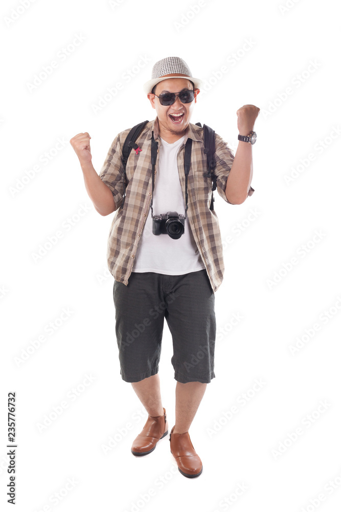 Traveling People Isolated on White. Male Backpacker Tourist Happy Winning Gesture Traveling People Isolated on White. Male Backpacker Tourist Happy Winning Gesture