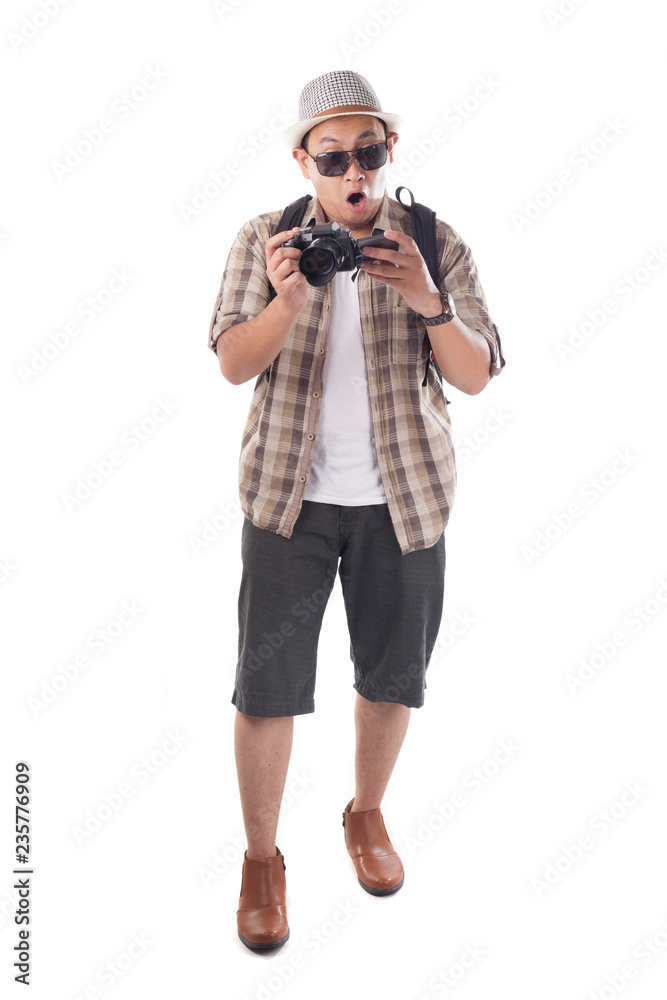 Traveling People Isolated on White. Male Backpacker Photographer Tourist Traveling People Isolated on White. Male Backpacker Photographer Tourist