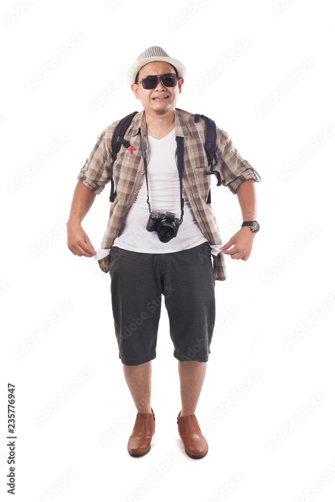 Traveling People Isolated on White. Male Backpacker Tourist Broke Empty Wallet Traveling People Isolated on White. Male Backpacker Tourist Broke Empty Wallet